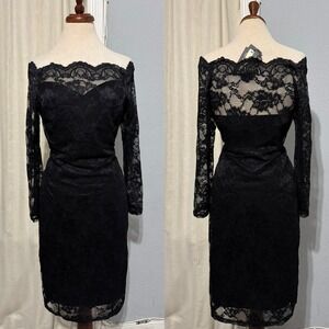 New MIUSOL Black Lace Off Shoulder Long Sleeve Bodycon Cocktail Goth Dress M